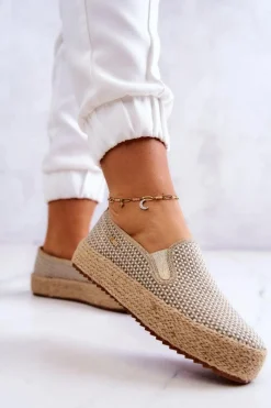 Sale Damskie Plecione Tenisówki Slip On Big Star JJ274394 Beżowe Damskie Trampki Damskie Slip-On|Trampki Damskie Big Star