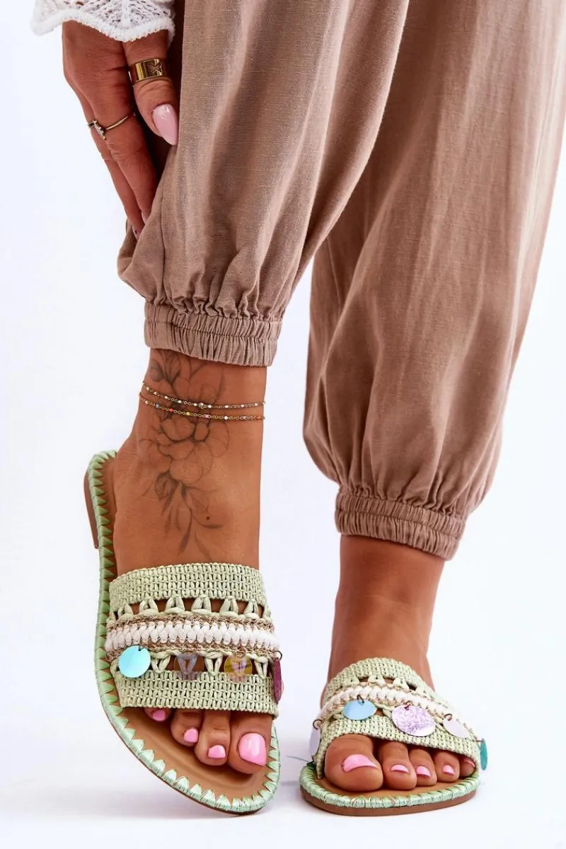 Boto Damskie Plecione Zdobione Klapki Zielone Millano