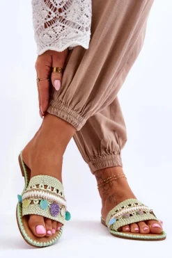 Boto Damskie Plecione Zdobione Klapki Zielone Millano