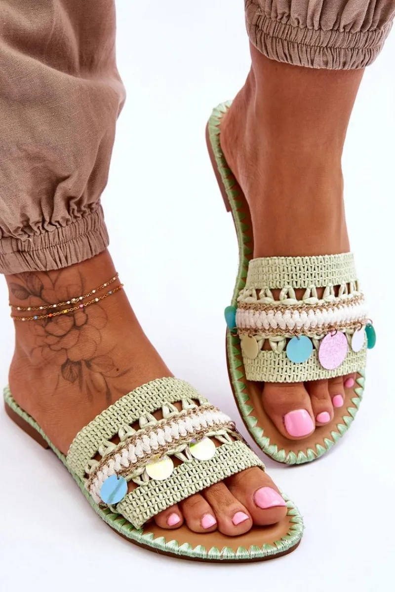 Boto Damskie Plecione Zdobione Klapki Zielone Millano