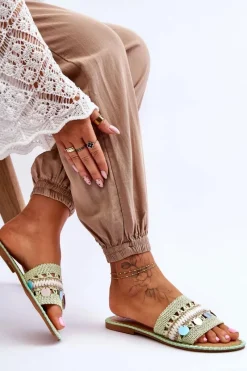 Boto Damskie Plecione Zdobione Klapki Zielone Millano