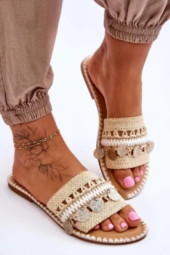 Best Damskie Plecione Zdobione Klapki Beżowe Millano Damskie Klapki Damskie Klasyczne