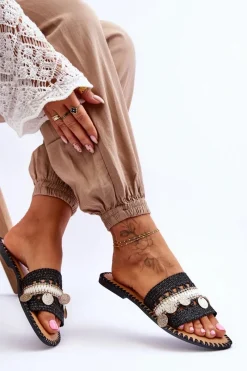 Outlet Boto Damskie Plecione Zdobione Klapki Czarne Millano