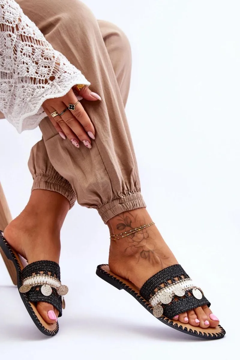 Outlet Boto Damskie Plecione Zdobione Klapki Czarne Millano