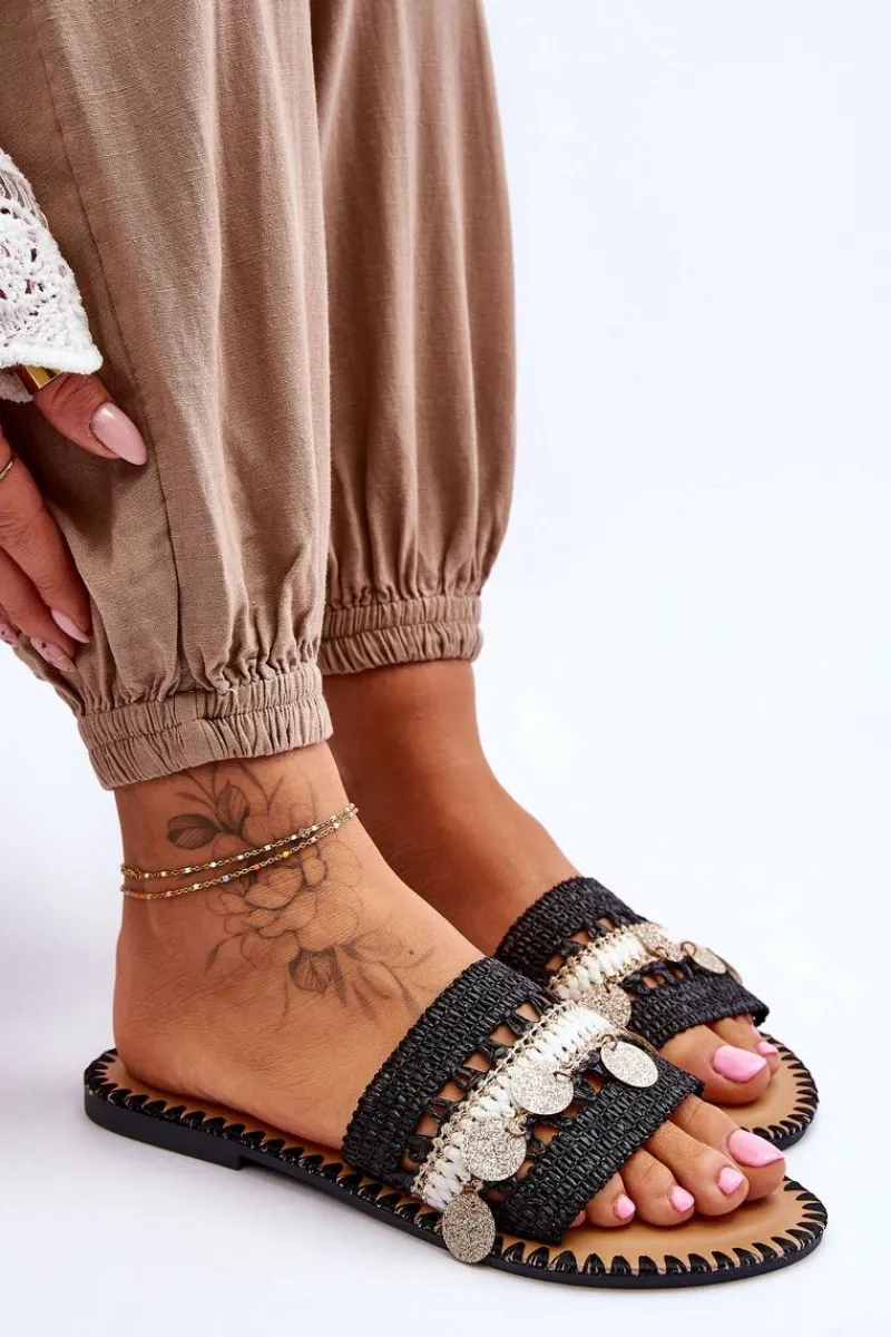 Outlet Boto Damskie Plecione Zdobione Klapki Czarne Millano