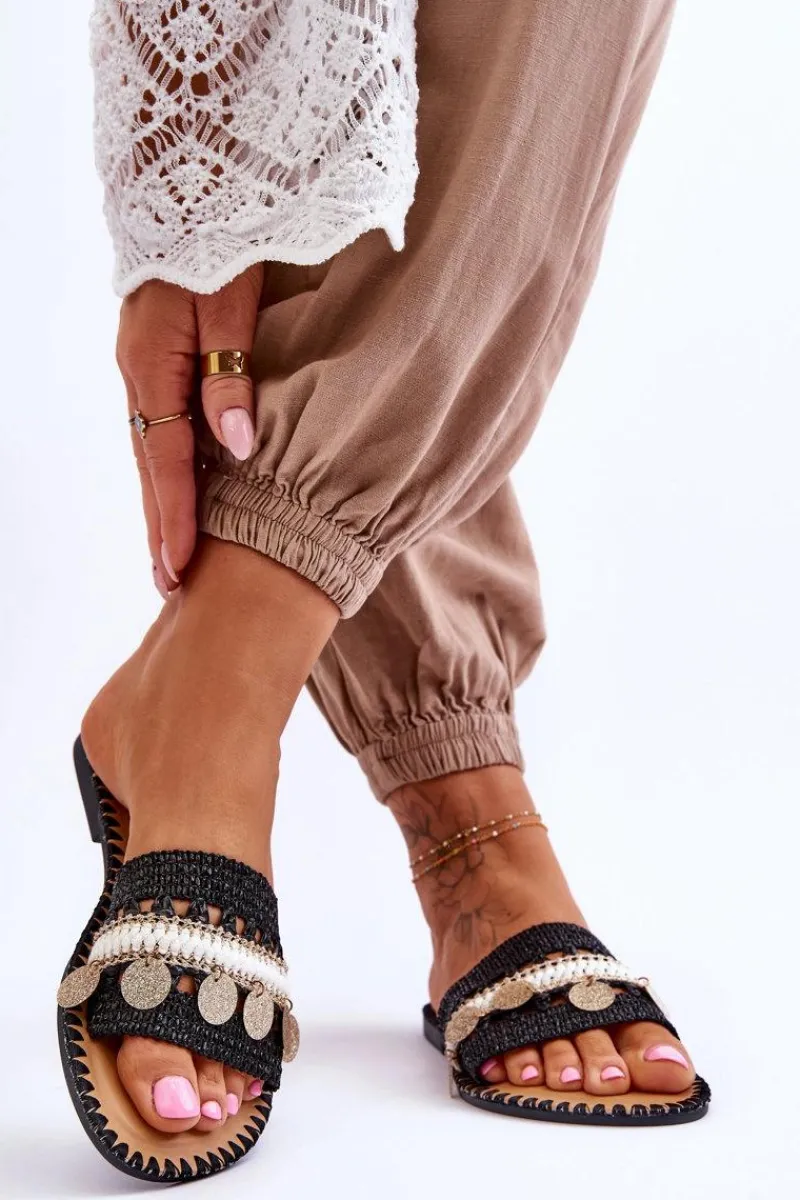 Outlet Boto Damskie Plecione Zdobione Klapki Czarne Millano