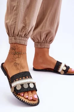 Outlet Boto Damskie Plecione Zdobione Klapki Czarne Millano