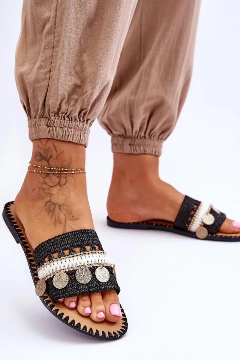 Outlet Boto Damskie Plecione Zdobione Klapki Czarne Millano