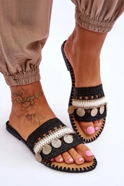 Outlet Boto Damskie Plecione Zdobione Klapki Czarne Millano