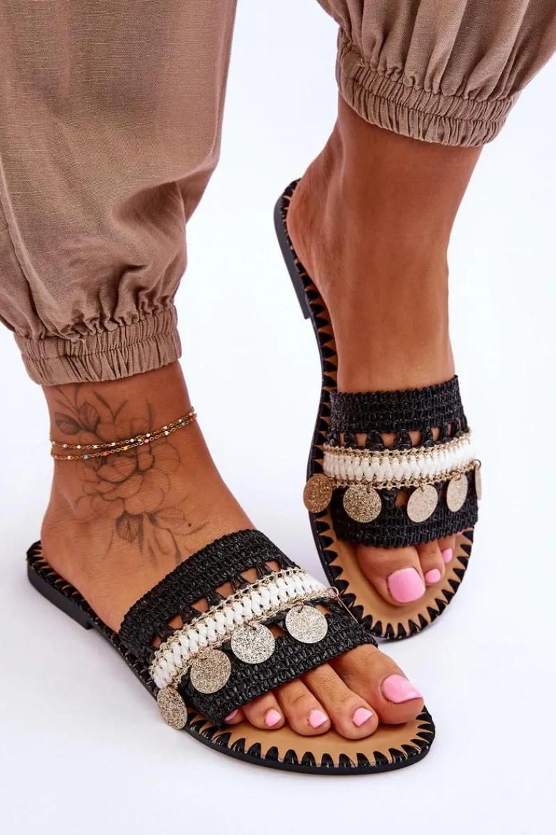 Outlet Boto Damskie Plecione Zdobione Klapki Czarne Millano