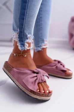 Boto Damskie Różowe Klapki Na Korku Kwiaty Kokarda Misto