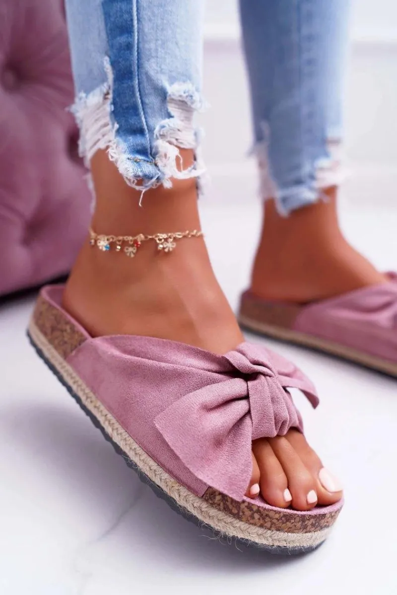 Boto Damskie Różowe Klapki Na Korku Kwiaty Kokarda Misto