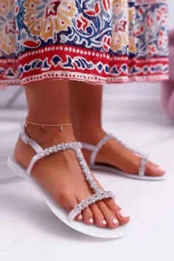 Discount Damskie Sandałki Białe Kryształki Cadama Damskie Sandały Gumowe|Sandały Płaskie