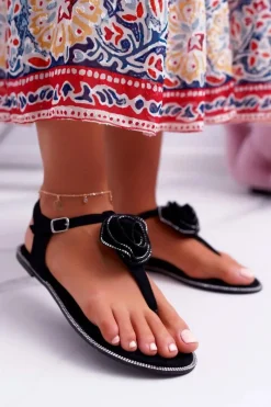 Discount Boto Damskie Sandałki Japonki Czarne Kwiat Cyrkonie Drave