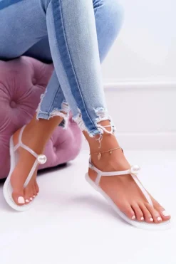 Outlet Damskie Sandałki Japonki Meliski z Perłą Białe Contiro Damskie Sandały Gumowe|Sandały Płaskie