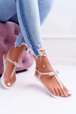 Sandały Gumowe|Sandały Płaskie>Boto Damskie Sandałki Japonki Meliski z Cekinami Białe Lomba