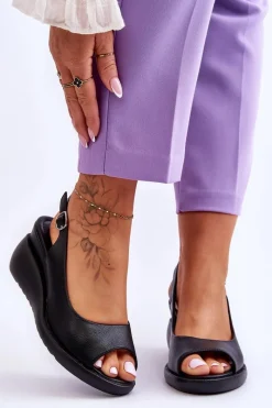 Sandały Na Koturnie>Buty Sergio Leone Damskie Sandałki Na Koturnie Sergio Leone SK853 Czarne