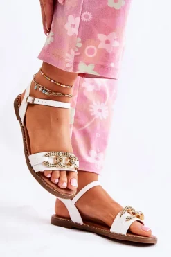 Clearance Damskie Sandałki Na Płaskim Obcasie Z Łańcuchem Białe Minevra Damskie Sandały Płaskie