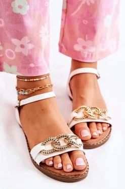 Clearance Damskie Sandałki Na Płaskim Obcasie Z Łańcuchem Białe Minevra Damskie Sandały Płaskie