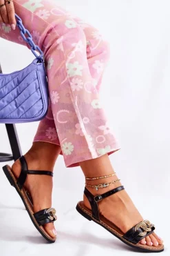 Sandały Płaskie>Damskie buty S.Barski Damskie Sandałki Na Płaskim Obcasie Z Łańcuchem Czarne Minevra