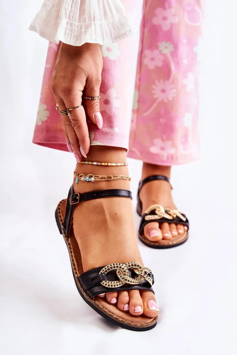 Sandały Płaskie>Damskie buty S.Barski Damskie Sandałki Na Płaskim Obcasie Z Łańcuchem Czarne Minevra