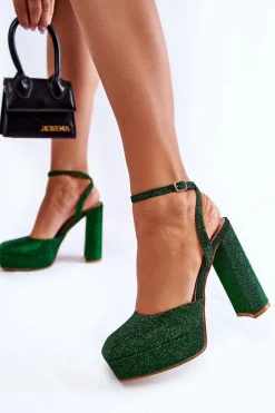 Sandały Na Słupku|Sandały Na Obcasie>Boto Damskie Sandały Brokatowe Na Słupku Zielone Rosel Zielony