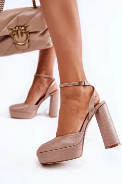 Hot Damskie Sandały Brokatowe Na Słupku Złote Rosel Damskie Sandały Na Słupku|Sandały Na Obcasie