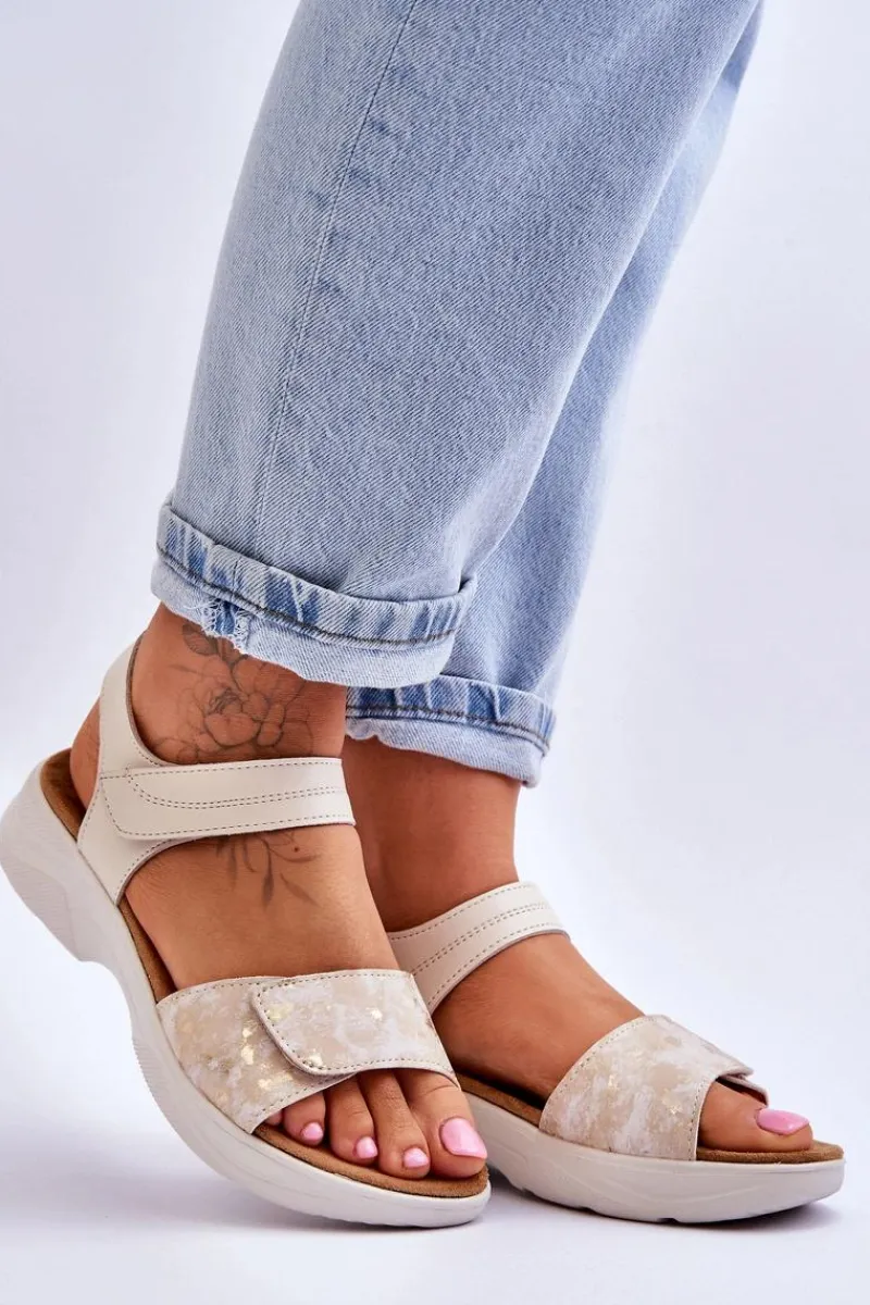 Sandały Na Obcasie|Sandały Na Koturnie>Evento Damskie Sandały Comfort Shoe Na Rzep Beżowo-Złote Grace