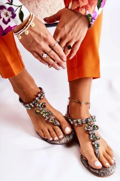 Sandały Płaskie>Boto Damskie Sandały Japonki Z Cyrkoniami Szare Ivanne