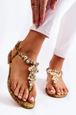 Clearance Damskie Sandały Japonki Z Cyrkoniami Żółte Ivanne Damskie Sandały Płaskie