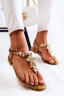 Clearance Damskie Sandały Japonki Z Cyrkoniami Żółte Ivanne Damskie Sandały Płaskie