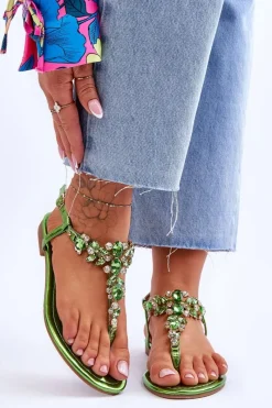 Sandały Płaskie>Boto Damskie Sandały Japonki Z Kamieniami Zielone Lenisa Zielony