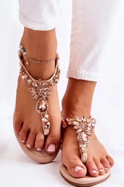 Sandały Płaskie>Boto Damskie Sandały Japonki Z Ozdobnymi Kryształami Różowe Selia