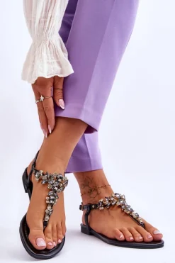 Best Boto Damskie Sandały Japonki Z Kamieniami Czarne Lenisa