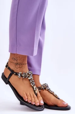 Best Boto Damskie Sandały Japonki Z Kamieniami Czarne Lenisa