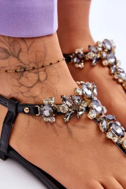 Best Boto Damskie Sandały Japonki Z Kamieniami Czarne Lenisa