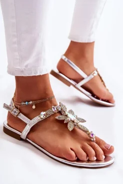 Damskie Sandały Japonki Z Cyrkoniami Srebrne Fiorene Damskie Sandały Płaskie