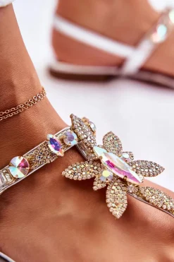 Damskie Sandały Japonki Z Cyrkoniami Srebrne Fiorene Damskie Sandały Płaskie