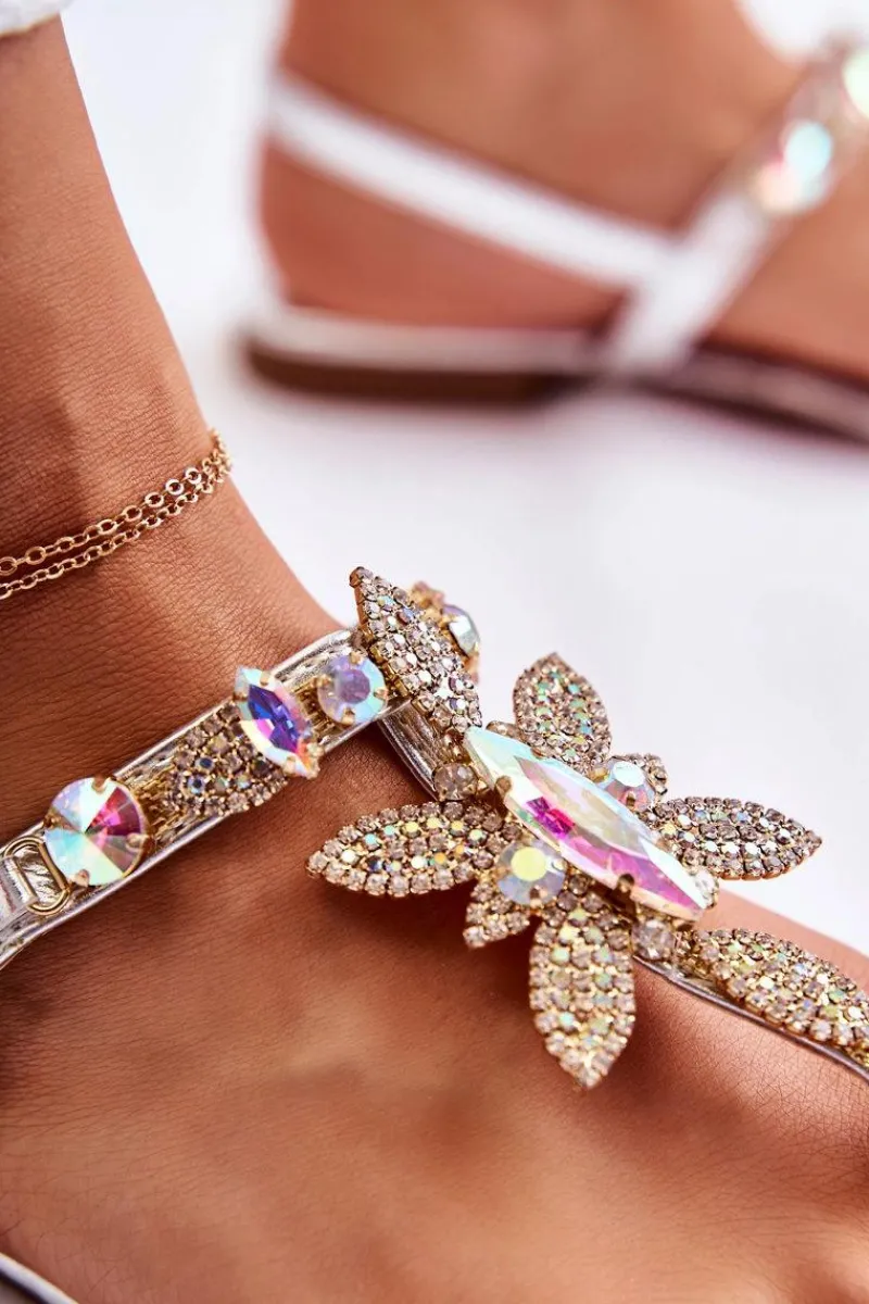 Damskie Sandały Japonki Z Cyrkoniami Srebrne Fiorene Damskie Sandały Płaskie