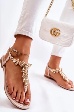 New Boto Damskie Sandały Japonki Z Ozdobnym Paskiem Beżowe Daylight