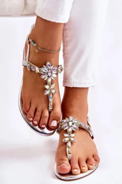 Sandały Płaskie>Boto Damskie Sandały Japonki Z Cyrkoniami Srebrne Solea Szary