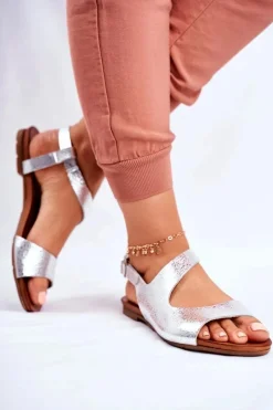 Laura Messi Damskie Sandały Skórzane 1116 Snake Srebrne Vollare