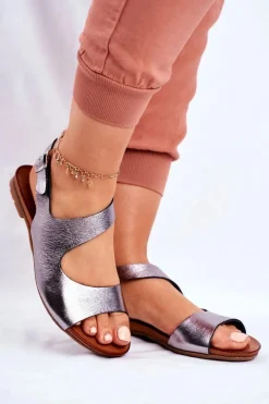 Best Damskie Sandały 1116 Skórzane Metaliczne Vollare Damskie Sandały Płaskie