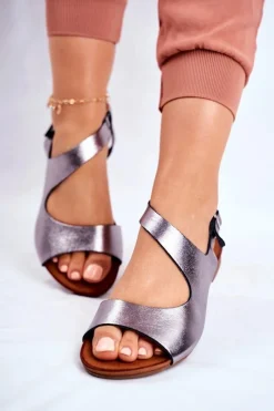 Best Damskie Sandały 1116 Skórzane Metaliczne Vollare Damskie Sandały Płaskie