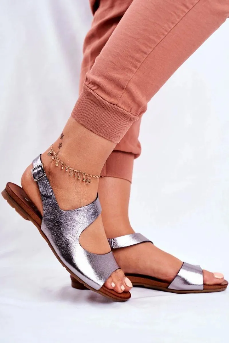 Best Damskie Sandały 1116 Skórzane Metaliczne Vollare Damskie Sandały Płaskie