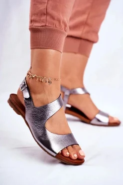 Best Damskie Sandały 1116 Skórzane Metaliczne Vollare Damskie Sandały Płaskie