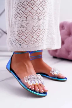 Damskie Sandały Lu Boo Kryształy Niebieskie Madina Damskie Sandały Płaskie