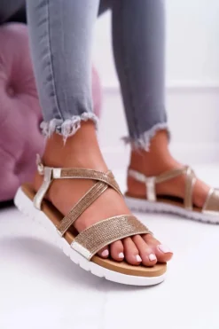 Clearance Damskie Sandały Lu Boo Z Cyrkoniami 406-5 Złote Stella Damskie Sandały Płaskie