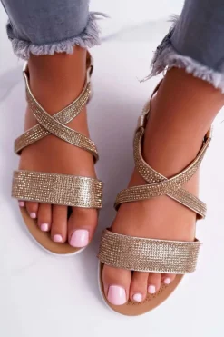 Clearance Damskie Sandały Lu Boo Z Cyrkoniami 406-5 Złote Stella Damskie Sandały Płaskie