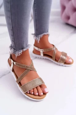 Clearance Damskie Sandały Lu Boo Z Cyrkoniami 406-5 Złote Stella Damskie Sandały Płaskie